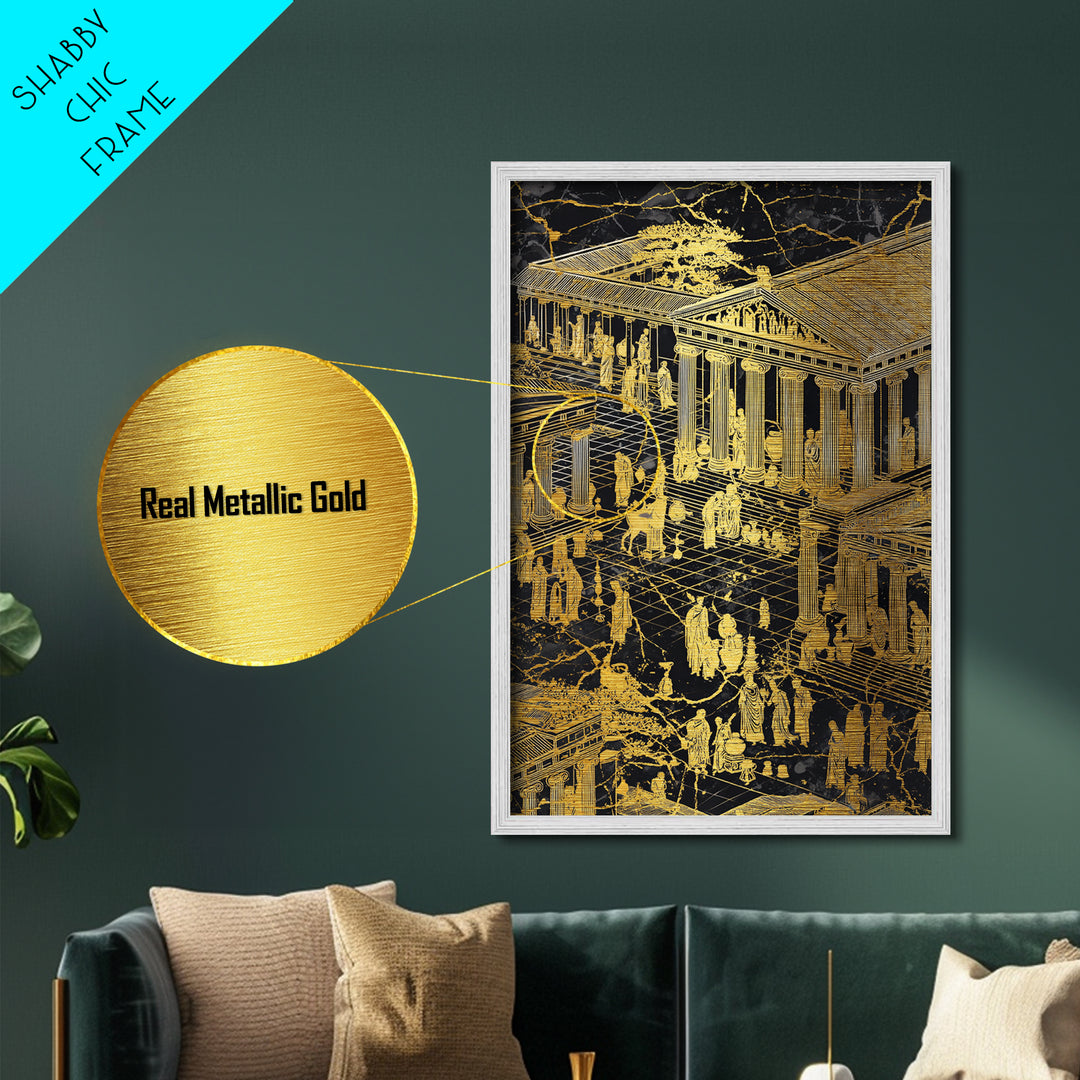 Ancient Marketplace With Temples, Metallic Gold Metal Print, Classical Greek Architecture Wall Art, Real Wood Framed Decor