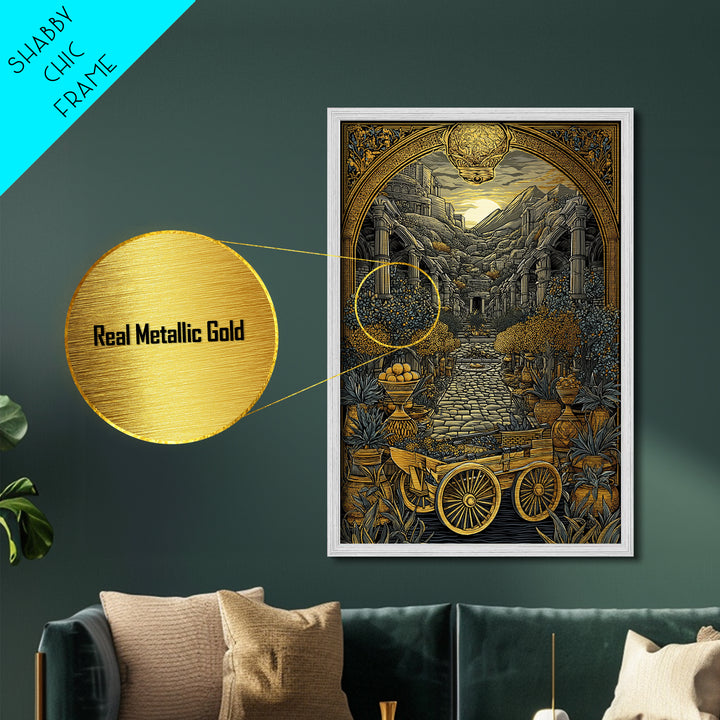 Ancient Courtyard With Columns And Citrus Trees, Metallic Gold Metal Print, Mythical Garden Wall Art, Real Wood Framed Decor