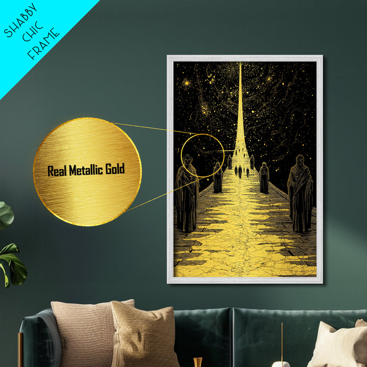 Celestial Path Of Golden Light, Metallic Gold Art, Mystical Night Sky Fantasy Print, Real Wood Framed Wall Artwork