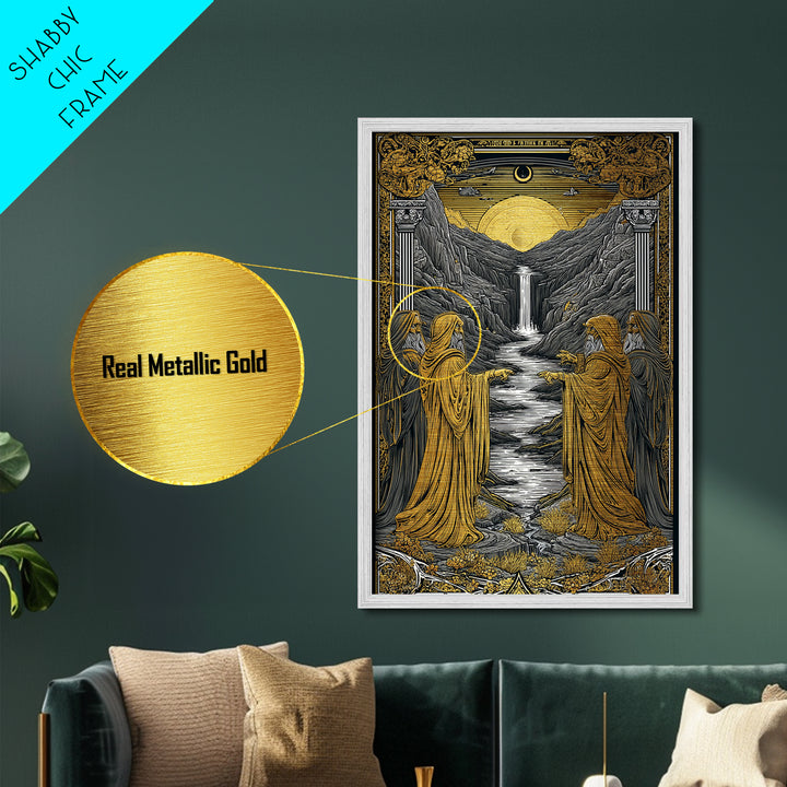 Golden Sun Over Waterfall Valley, Metallic Gold Metal Print, Mythical Landscape Fantasy Art, Real Wood Framed Wall Decor