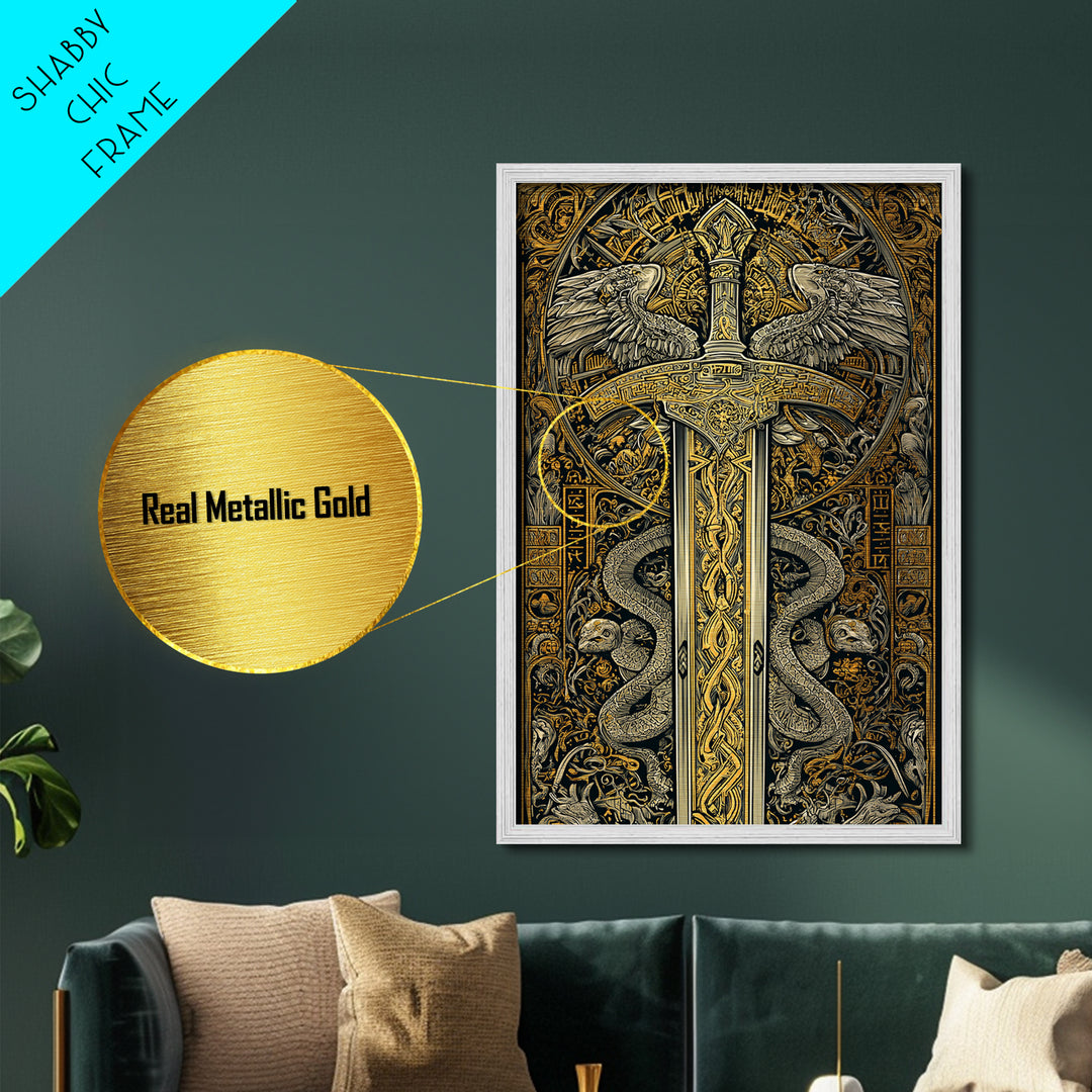 Ornate Sword With Serpents And Wings, Metallic Gold Metal Print, Medieval Fantasy Wall Art, Real Wood Framed Artwork