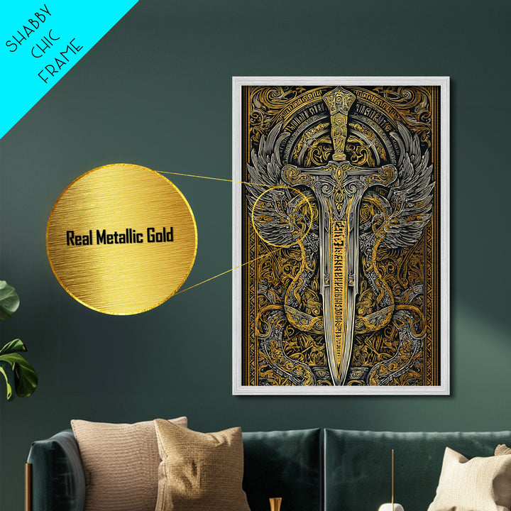 Winged Sword Surrounded By Dragons, Metallic Gold Art, Medieval Fantasy Metal Print, Real Wood Framed Mythical Decor
