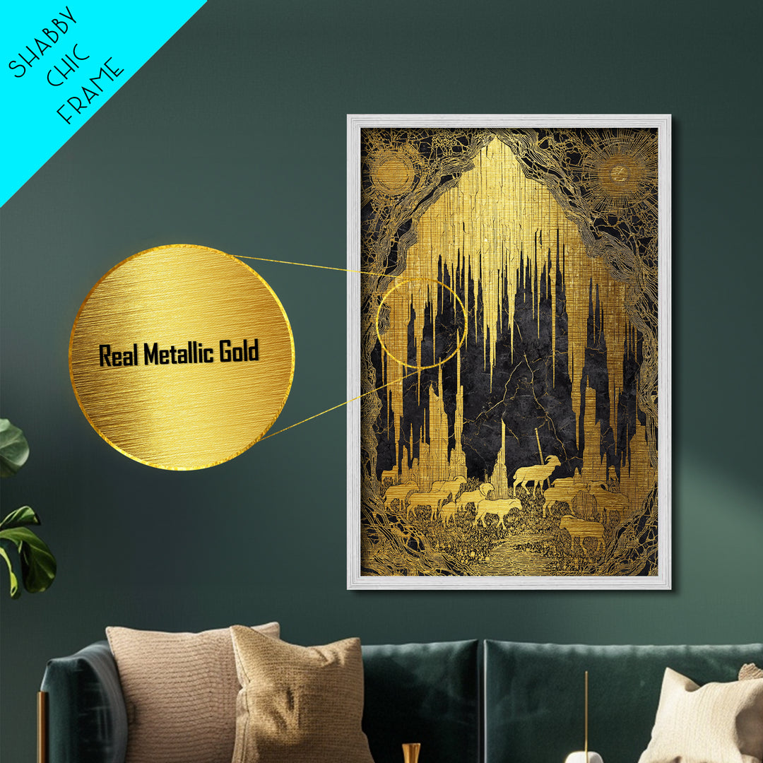 Golden Cave With Mountain Goats, Metallic Gold Metal Print, Mythical Nature Landscape Art, Real Wood Framed Wall Decor