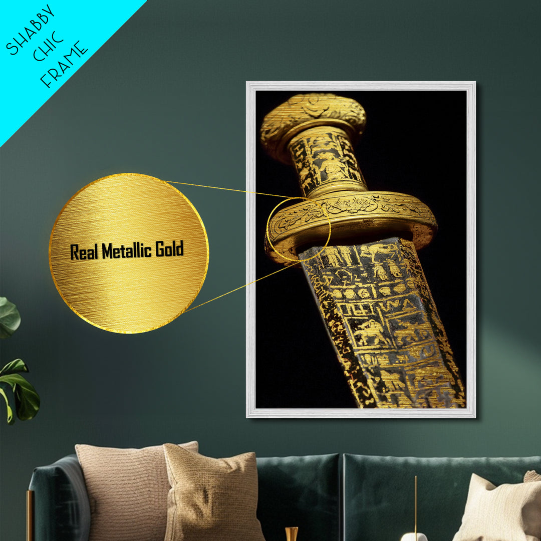 Ancient Sword With Etched Symbols, Metallic Gold Metal Print, Mystical Weaponry Wall Art, Real Wood Framed Artwork