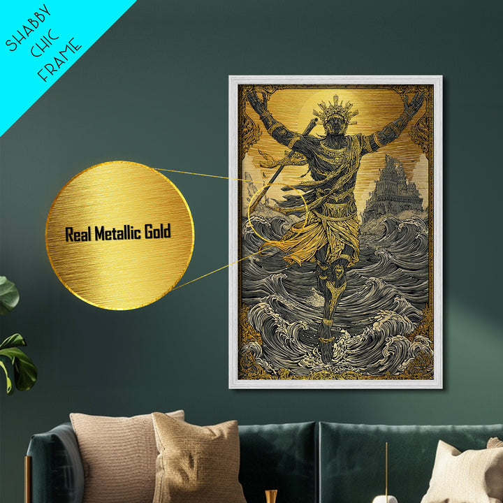 Sea God Statue Rising From Waves, Metallic Gold Metal Print, Mythical Ocean Fantasy Wall Art, Real Wood Framed Decor