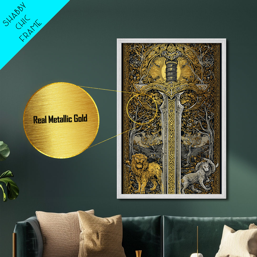 Sword With Lion And Ram Guardians, Metallic Gold Metal Print, Mythical Medieval Wall Art, Real Wood Framed Fantasy Decor