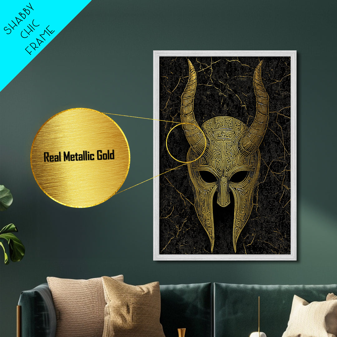 Horned Spartan Helmet Metallic Gold Art, Mythology Warrior Metal Print, Real Wood Frame Greek Wall Decor