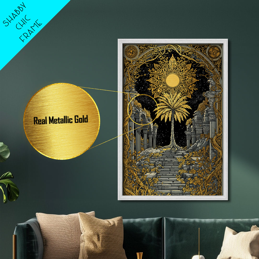 Golden Sun And Palm Metallic Gold Metal Print, Mythical Ruins Wall Art, Real Wood Frame Ancient Greece Decor