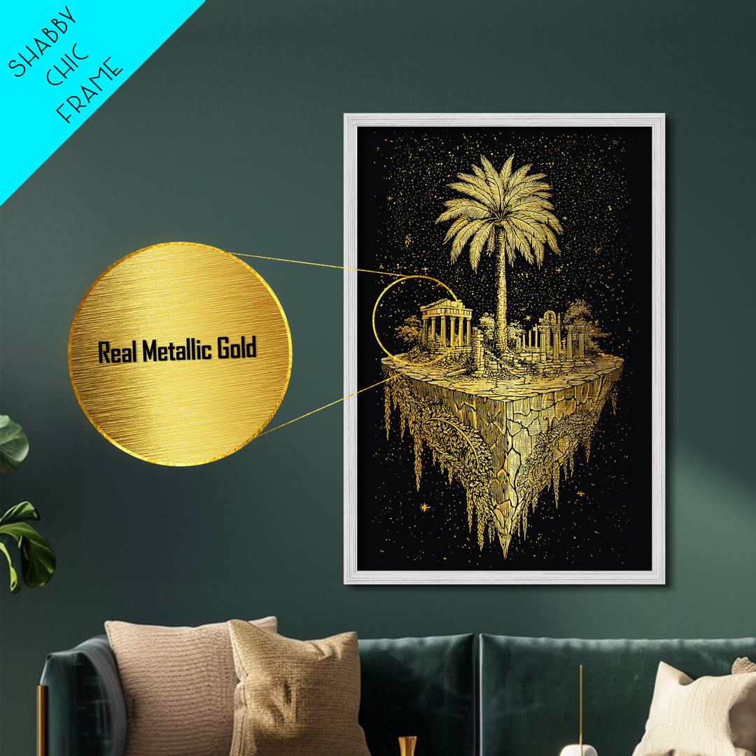 Floating Island Ruins Metallic Gold Art, Ancient Greek Temple Metal Print, Real Wood Frame Mythology Decor