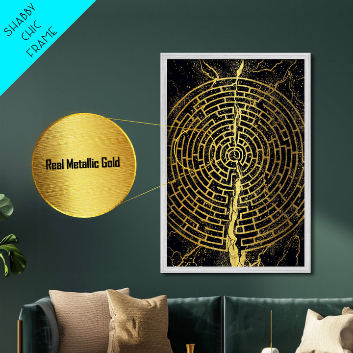 Circular Labyrinth Metallic Gold Art, Ancient Greek Maze Metal Print, Real Wood Frame Mythology Wall Decor