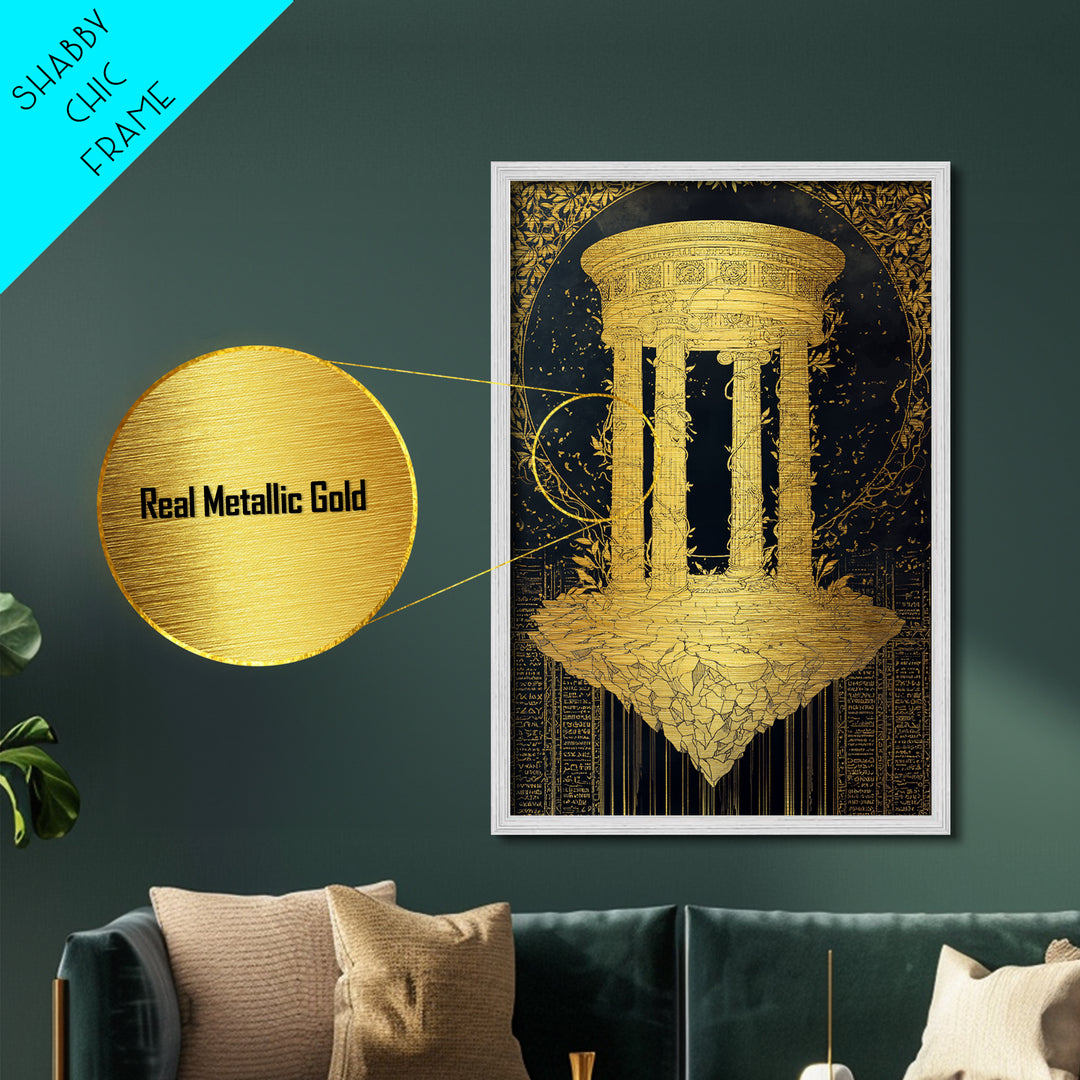 Floating Temple Metallic Gold Metal Print, Classical Architecture Art, Real Wood Frame Ancient Greece Decor