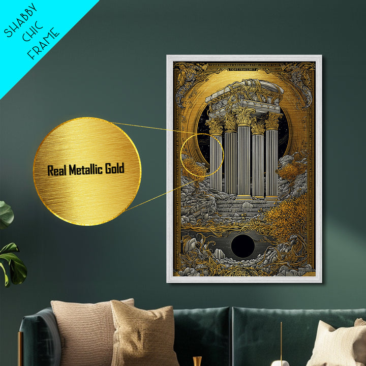 Ancient Greek Columns Metallic Gold Art, Ruins Wall Decor Metal Print, Real Wood Frame Classical Architecture