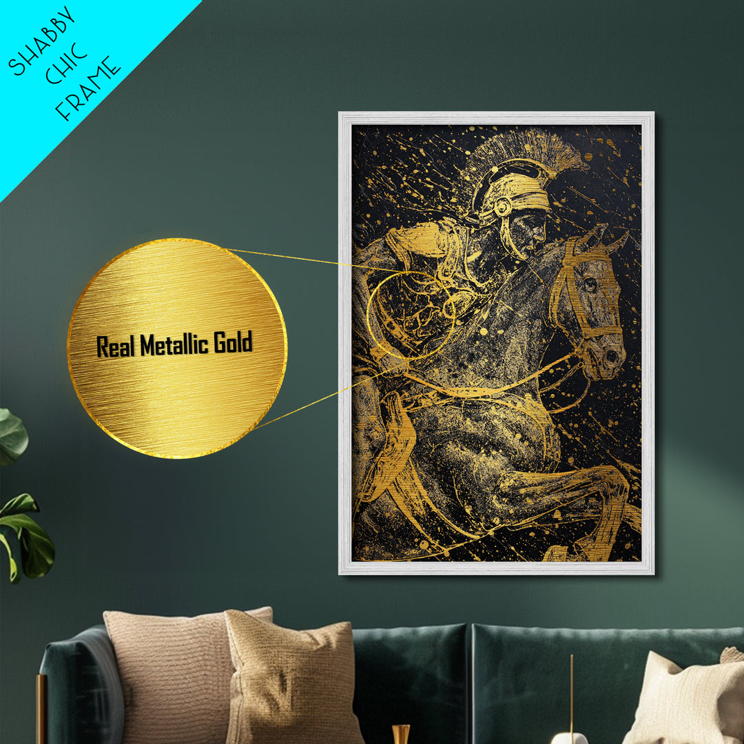 Spartan Horseback Warrior in Motion – Metallic Gold Art, Splatter Style Metal Art, Ancient Greek Military Wall Decor