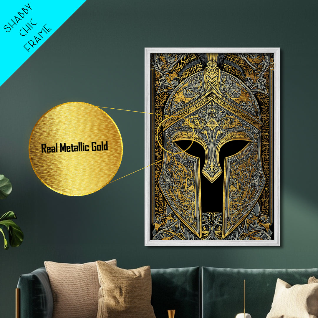 Runic-Inspired Spartan Helmet in Regal Filigree – Metallic Gold Art, Real Wood Framed Metal Art, Ancient Warrior Wall Feature