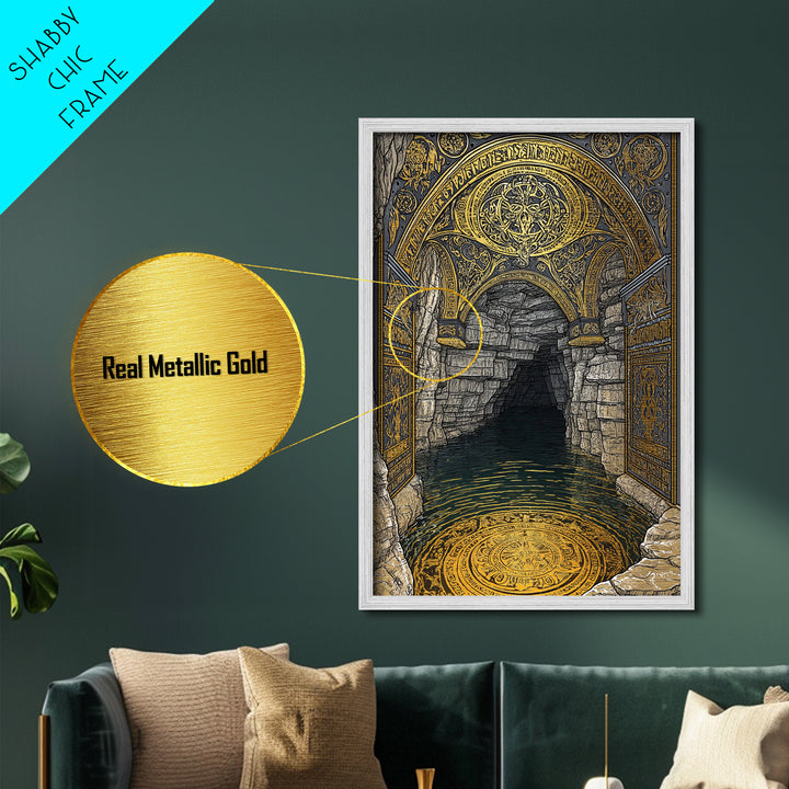 Golden Cave Entrance Metallic Gold Metal Print, Mythology Inspired Wall Art, Real Wood Frame Ancient Greece Decor