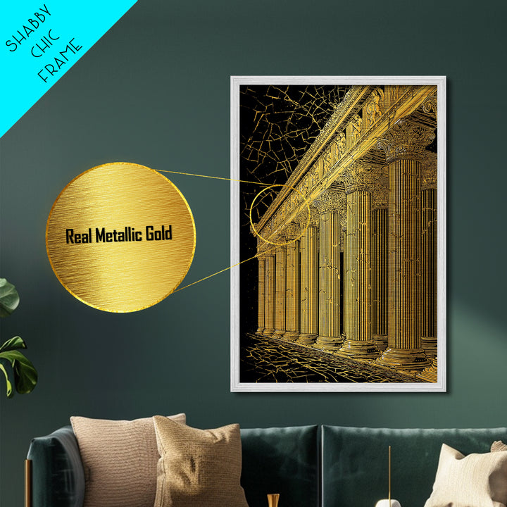 Ancient Parthenon Columns Metallic Gold Art, Classical Ruins Wall Decor, Real Wood Frame Metal Print Decor
