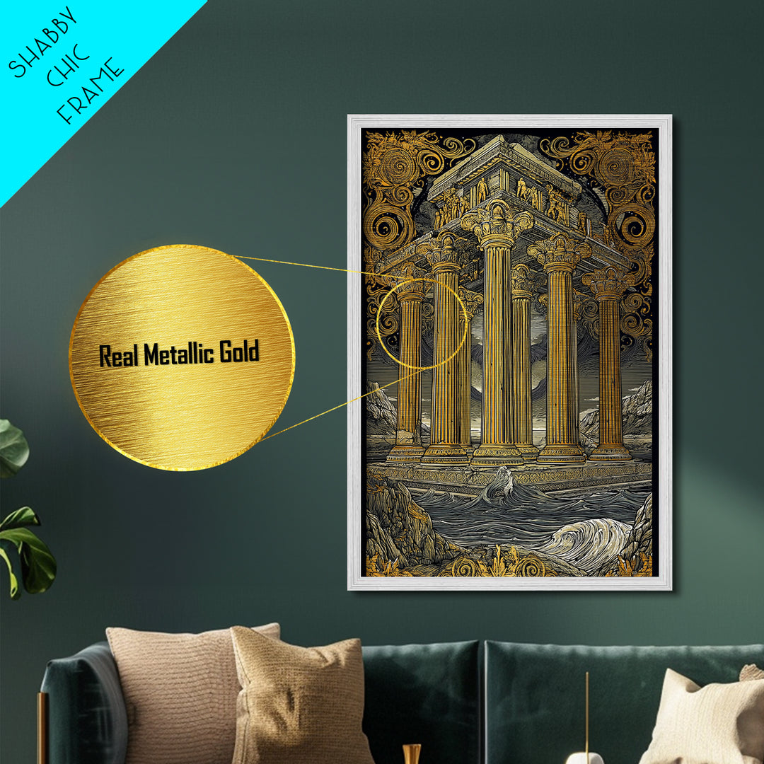 Temple Of The Gods, Mythological Architecture, Metallic Gold Metal Print, Real Wood Frame Wall Art