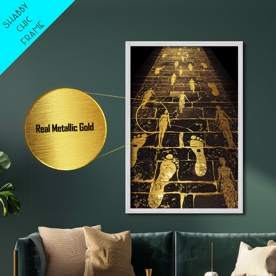 Golden Pathway Of Eternity, Mythic Footsteps, Metallic Gold Metal Print, Real Wood Frame Wall Art