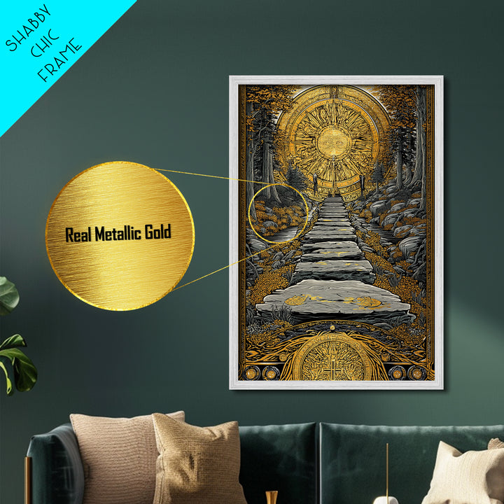 Celestial Gate, Mystical Sun Mandala, Path Of Light, Metallic Gold Metal Print, Real Wood Frame Wall Art