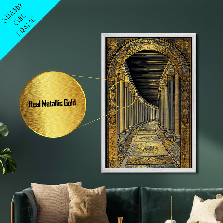 Endless Colonnade, Ancient Architecture Corridor, Metallic Gold Metal Print, Real Wood Frame Wall Art