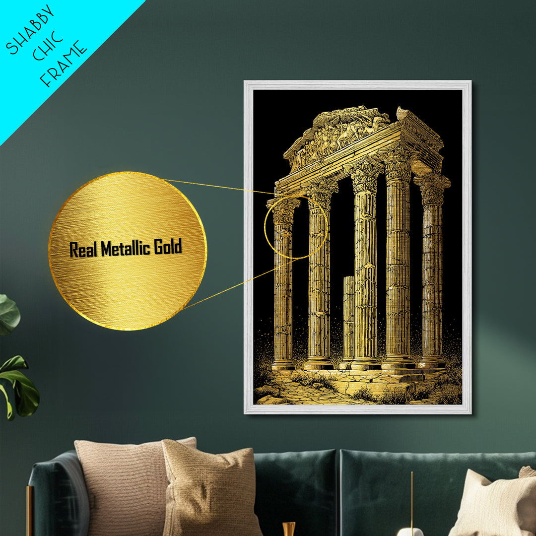 Greek Temple Ruins, Timeless Classical Columns, Metallic Gold Metal Print, Real Wood Frame Wall Art