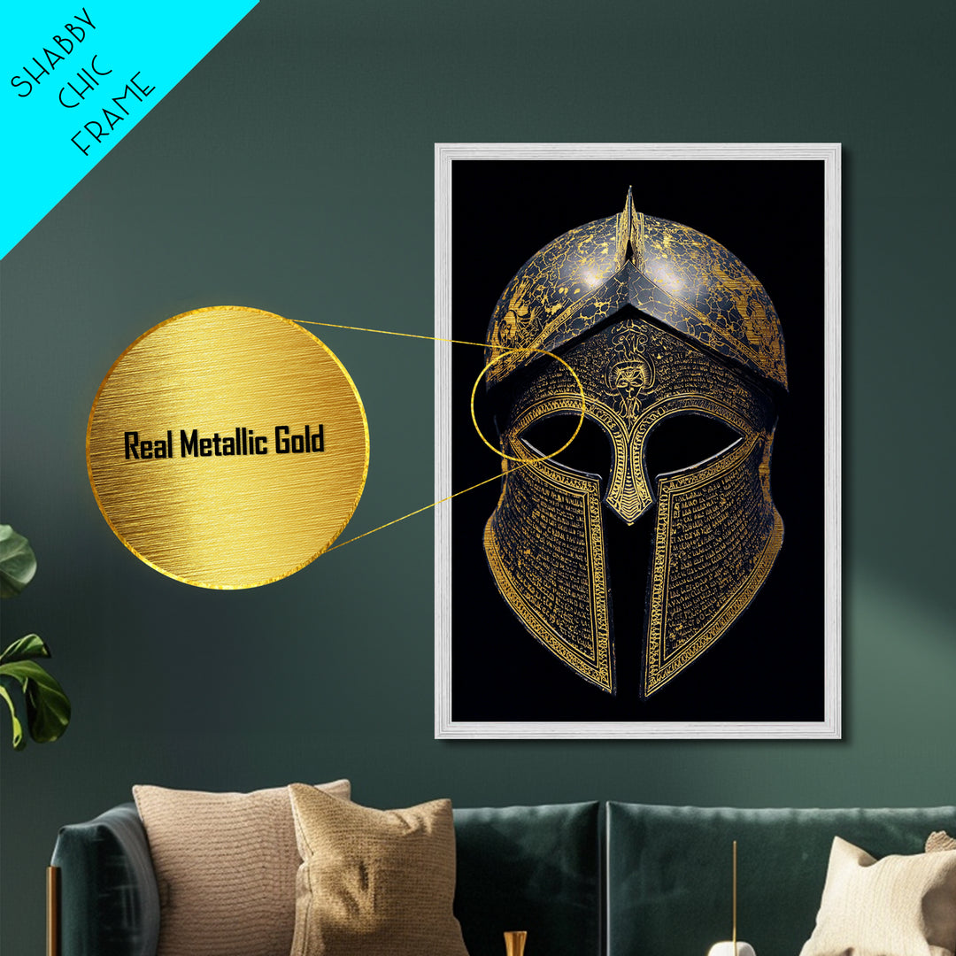 Ancient Greek Helmet with Cracked Texture and Text – Metallic Gold Art, Real Wood Frame Metal Art, Historical Spartan Wall Decor