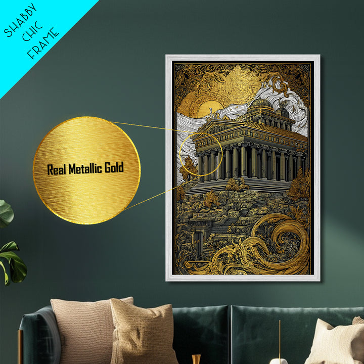 Greek Temple At Sunset, Ancient Architecture Wall Art, Metallic Gold Metal Print, Mythology Home Decor, Wood Frame