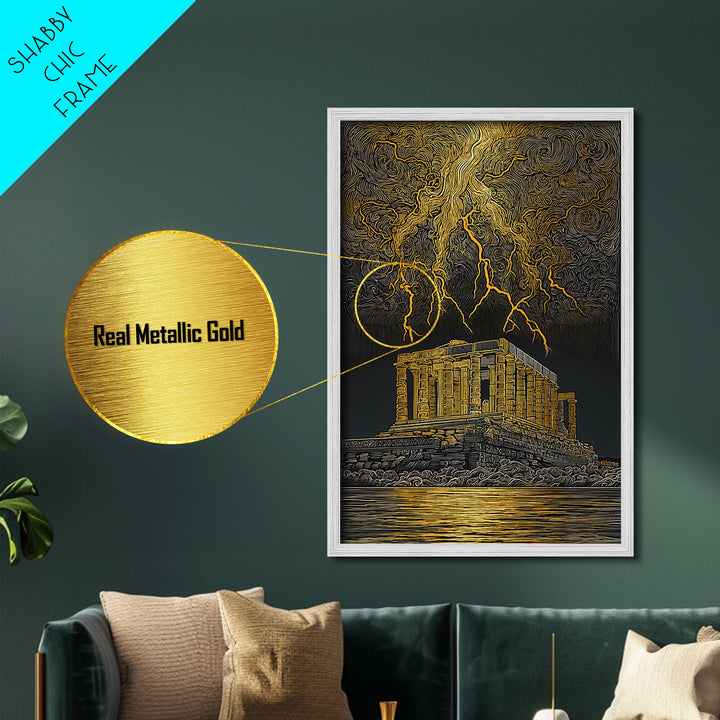 Parthenon With Lightning Storm, Dramatic Greek Myth Wall Art, Metallic Gold Metal Print, Ancient Decor, Wood Frame