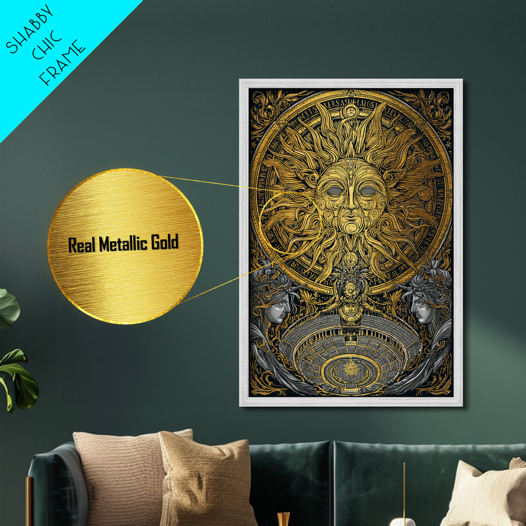 Sun God Face With Theater, Greek Mythology Wall Art, Metallic Gold Art, Dramatic Metal Print, Celestial Decor, Wood Frame