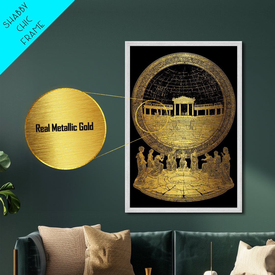 Greek Amphitheater With Muses, Ancient Mythology Wall Decor, Metallic Gold Metal Print, Classical Art, Wood Frame