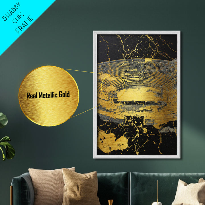 Ancient Theater Abstract, Splattered Metallic Gold Metal Print, Greek Myth Wall Art, Dramatic Decor, Wood Frame