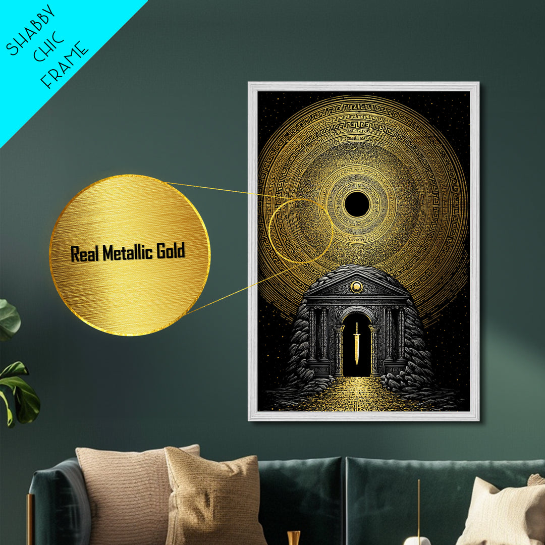 Sword Temple Cosmic Design, Mythology Wall Art, Metallic Gold Metal Print, Fantasy Decor, Ancient Architecture, Wood Frame