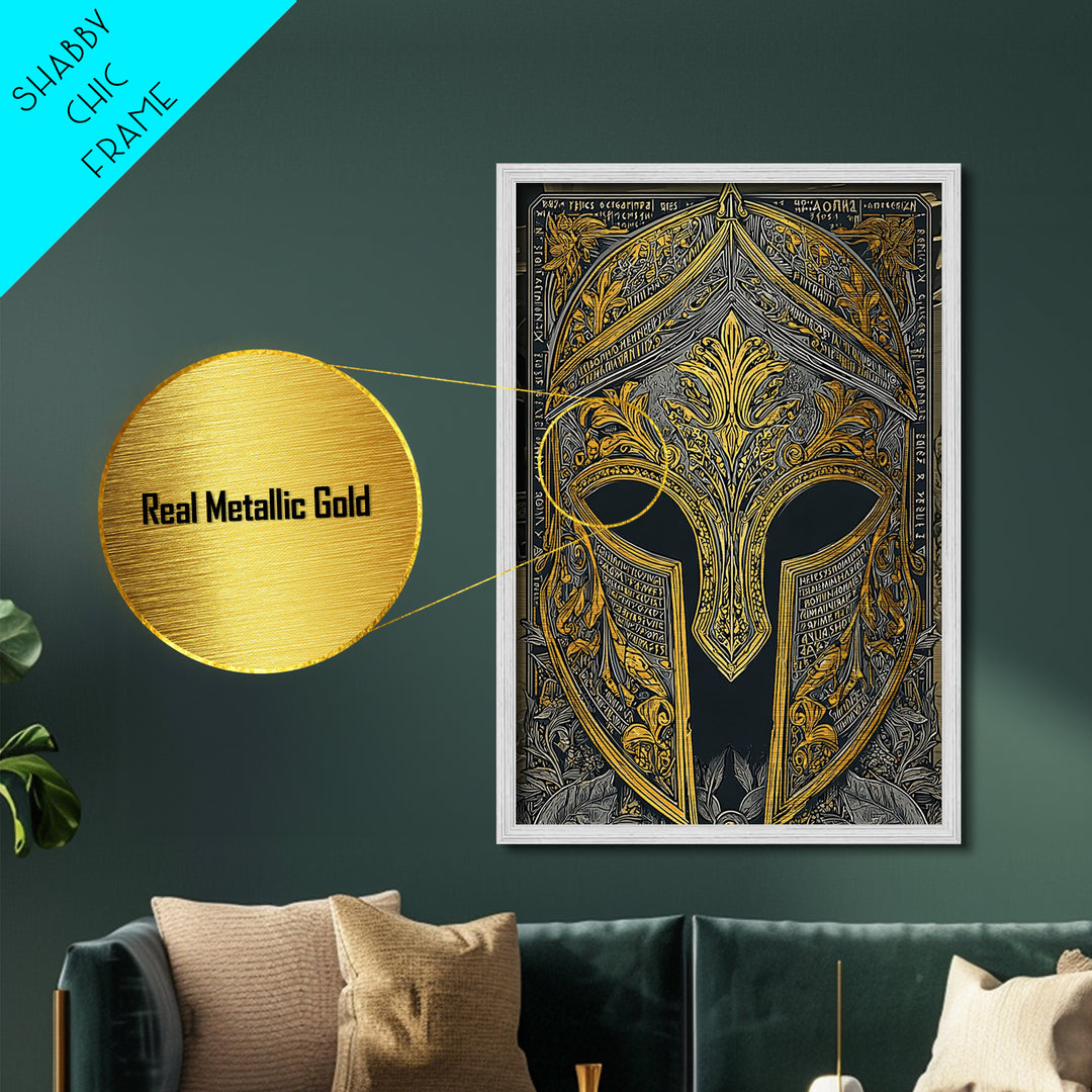 Floral Greco-Roman Helmet with Scripted Detail – Metallic Gold Art, Real Wood Framed Metal Art, Ornate Classical Warrior Print