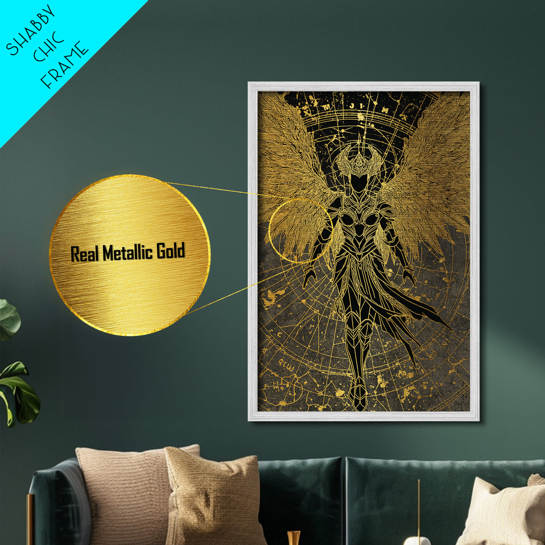 Celestial Angel Warrior, Astral Mythology Wall Art, Metallic Gold Metal Print, Fantasy Decor, Cosmic Figure, Wood Frame