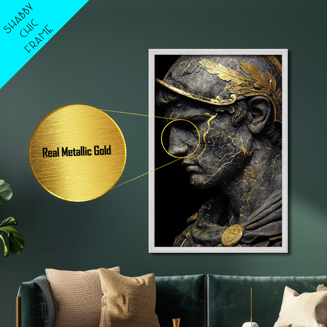 Roman Bust Statue, Classical Sculpture Wall Art, Metallic Gold Metal Print, Ancient Decor, Regal Design, Wood Frame