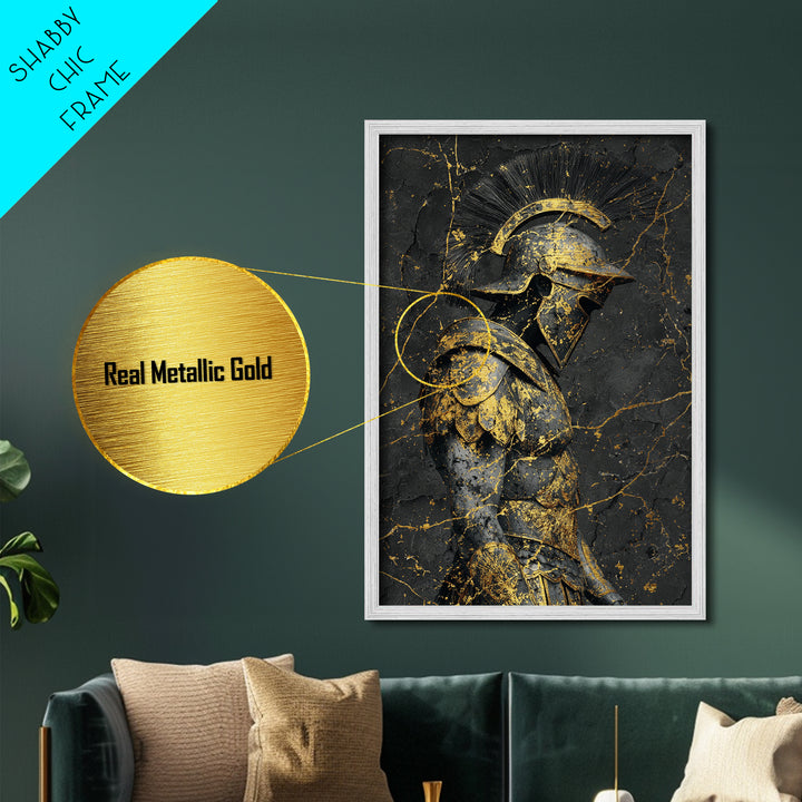 Roman Soldier Statue, Metallic Gold Metal Print, Ancient Warrior Wall Art, Real Wood Frame, Luxury Mythology Home Decor