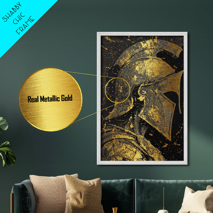 Greek Warrior Helmet, Metallic Gold Art, Ancient Soldier Wall Print, Mythology Decor, Real Wood Framed Metal Artwork