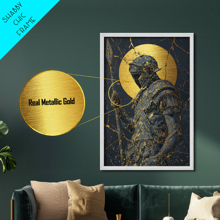 Spartan Warrior With Spear, Metallic Gold Metal Print, Ancient Soldier Wall Art, Real Wood Frame Decor, Luxury Mythology