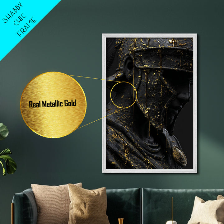Spartan Warrior Bust, Metallic Gold Art, Ancient Helmet Metal Print, Real Wood Frame Wall Decor, Luxury Mythology Artwork