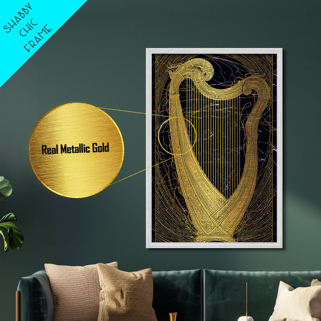Golden Harp on Marble with Ornamental Lines – Metallic Gold Art, Metal Art in Real Wood Frame, Classical Music Instrument Decor