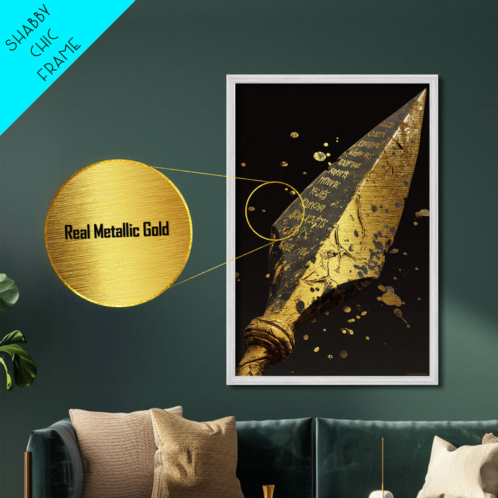 Inscribed Greek Spearhead in Motion Splash – Metallic Gold Art, Warrior Weapon Real Wood Framed Metal Art, Spartan Weapon Decor