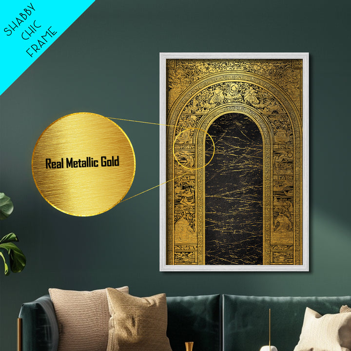 Ancient Greek Archway with Myth Scenes – Metallic Gold Art, Classical Panel Metal Art with Real Wood Frame, Temple Wall Decor
