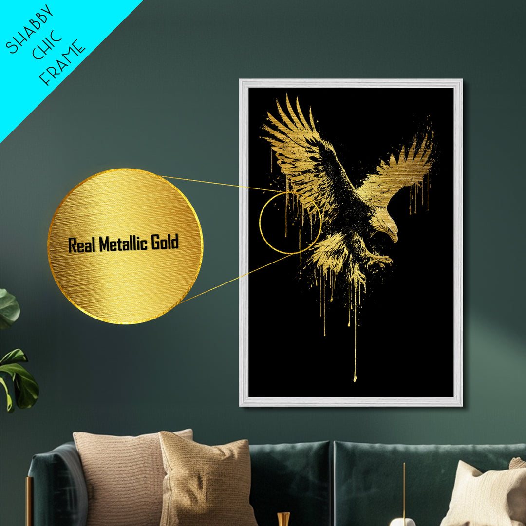 Flying Gold Splatter Eagle in Mid-Descent – Metallic Gold Art, Real Wood Framed Metal Art, Dynamic Bird of Prey Wall Statement