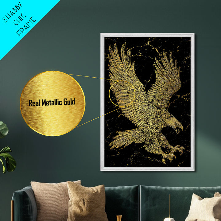 Detailed Golden Eagle with Spread Wings – Metallic Gold Art, Precision Linework Metal Art in Real Wood Frame, Regal Animal Decor