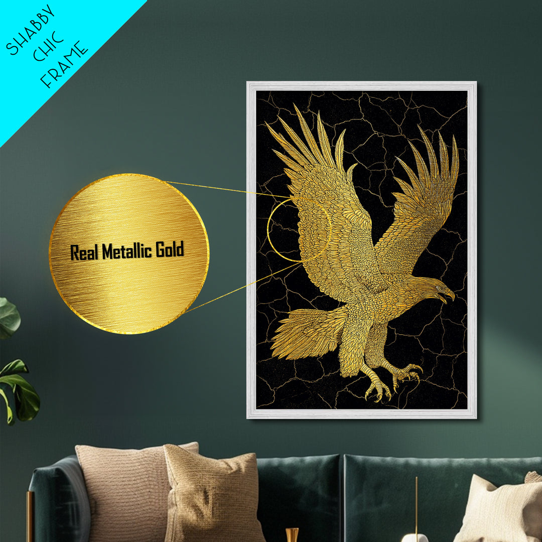 Golden Eagle Metal Art, Metal Print in Metallic Gold, Framed Metal Wall Art with Real Wood Frame, Black Background Luxury Wildlife Decor