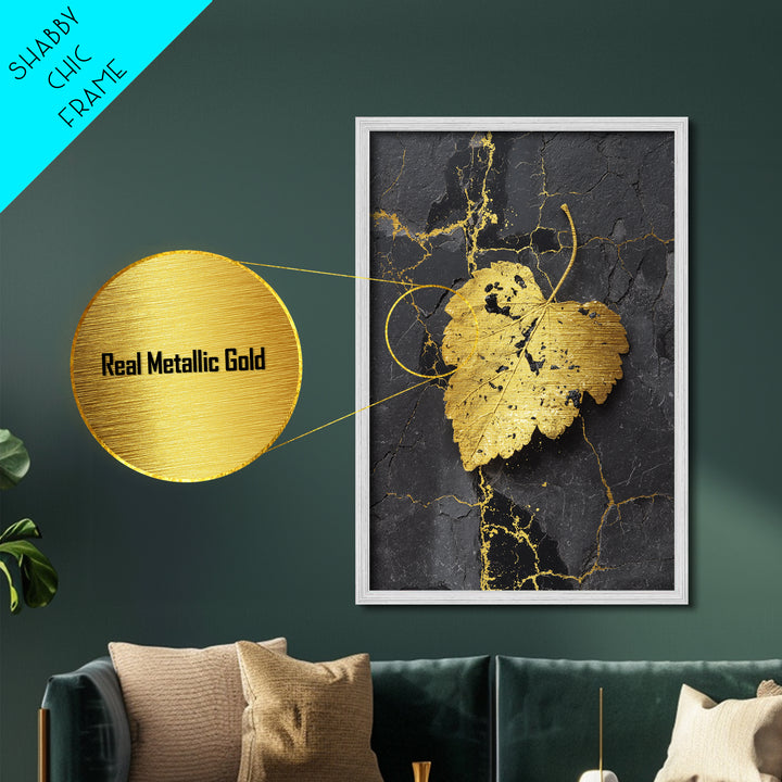 Gold Leaf on Black Marble Metal Art, Metallic Gold Metal Print, Framed Metal Wall Art with Real Wood Frame, Minimalist Modern Decor