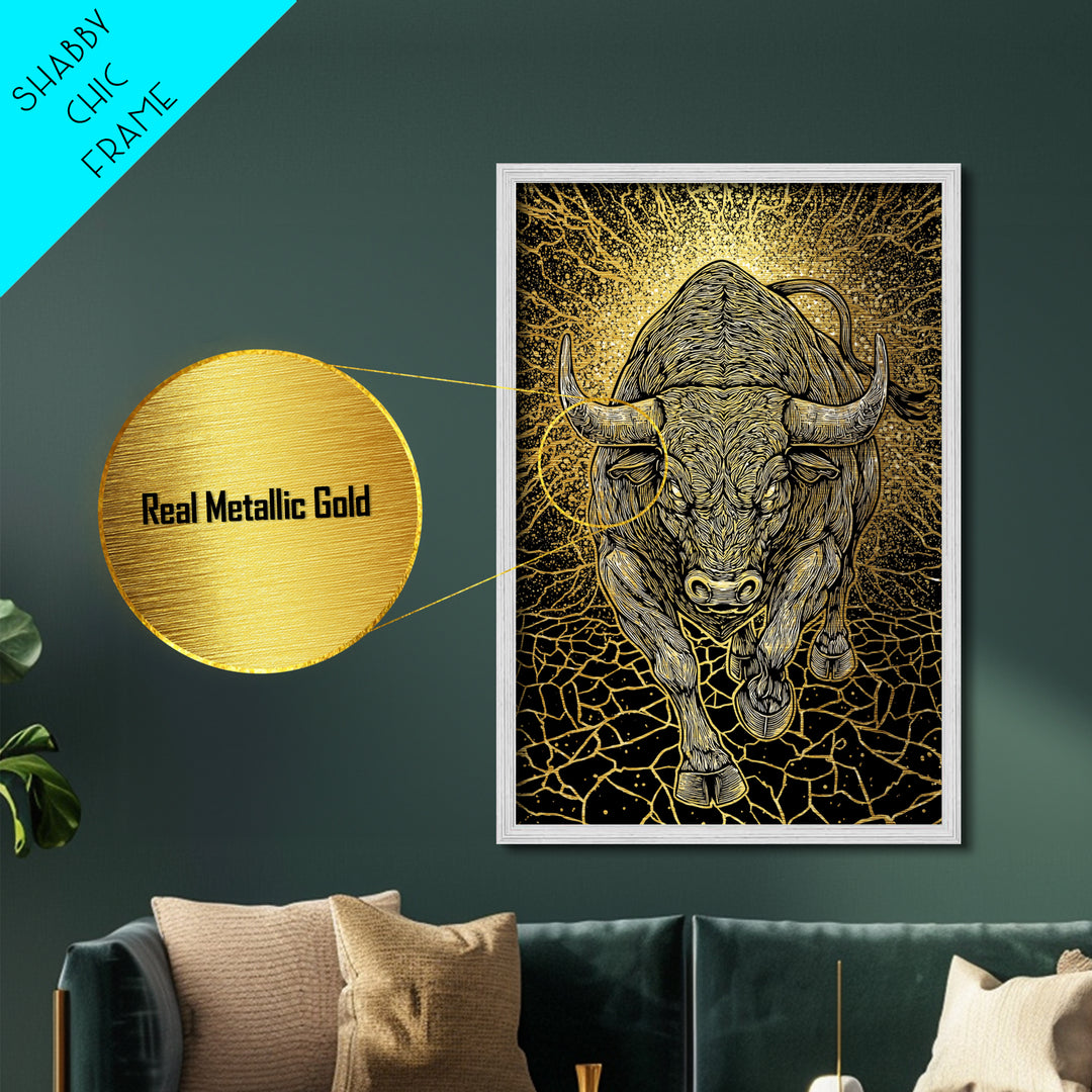 Charging Bull Metal Art, Metallic Gold Metal Print, Framed Metal Wall Art with Real Wood Frame, Powerful Animal Gallery Decor