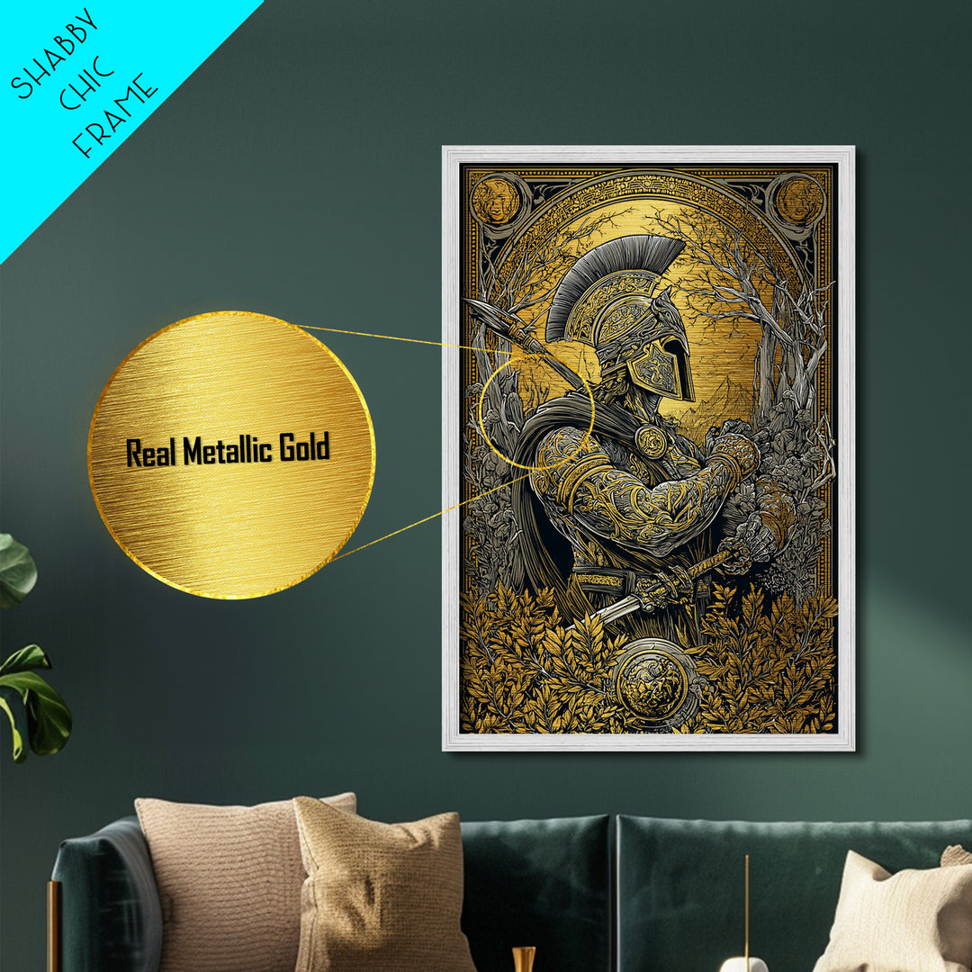 Spartan Soldier in Ornate Armor with Spear – Metallic Gold Art, Intricate Metal Art Print, Classical Greece Wall Hanging