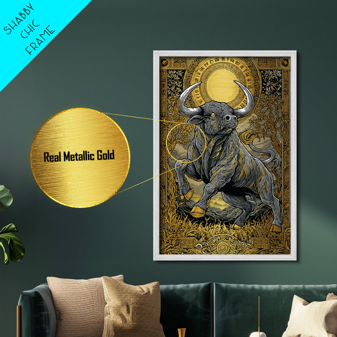 Taurus Zodiac Bull Metal Art, Metallic Gold Metal Print, Framed Metal Wall Art with Real Wood Frame, Ornate Mythic Gallery Decor