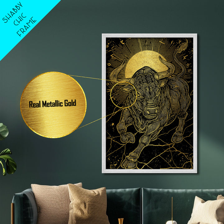 Taurus Bull Metallic Gold Metal Print, Framed Metal Wall Art with Real Wood Frame, Zodiac Sun Disc Black and Gold Gallery Decor